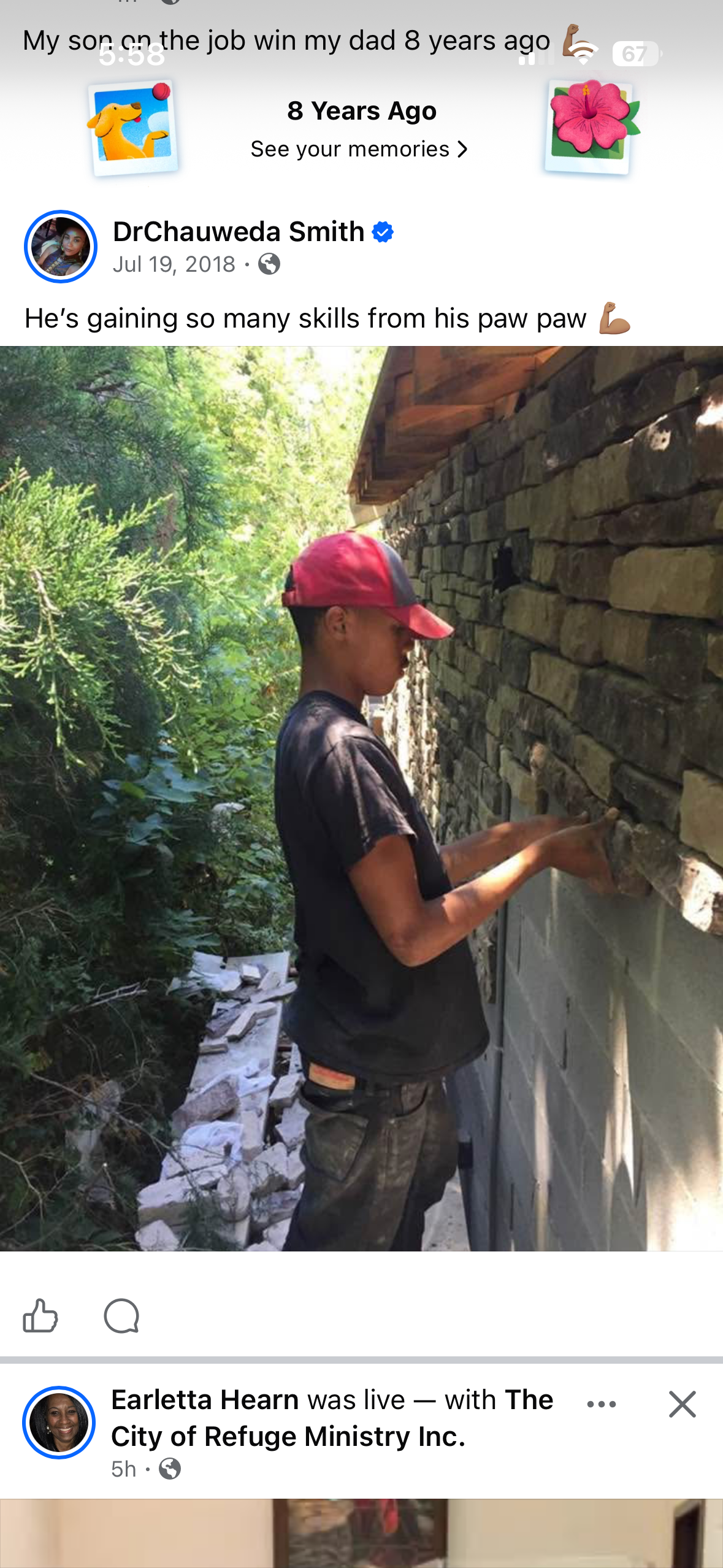 A younger family member learning stone masonry